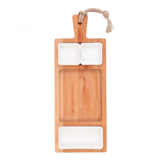 Borrel foodplank 49cm 3 vaks schaaltjes 2x7cm 1x15cm wit